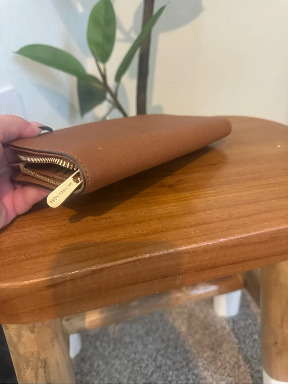 Michael Kors Brown Saffiano Zip Wallet with Gold Hardware